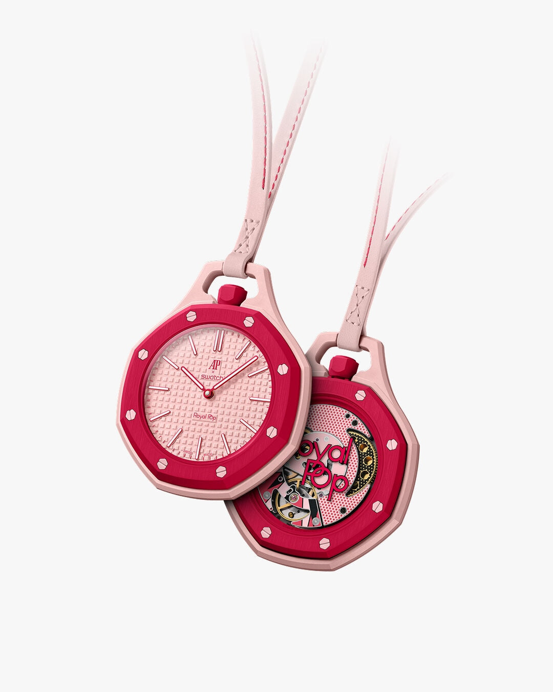 Montre de poche AP x Swatch Royal Pop OTTO ROSSO, cadran rose et lunette rouge cerise
