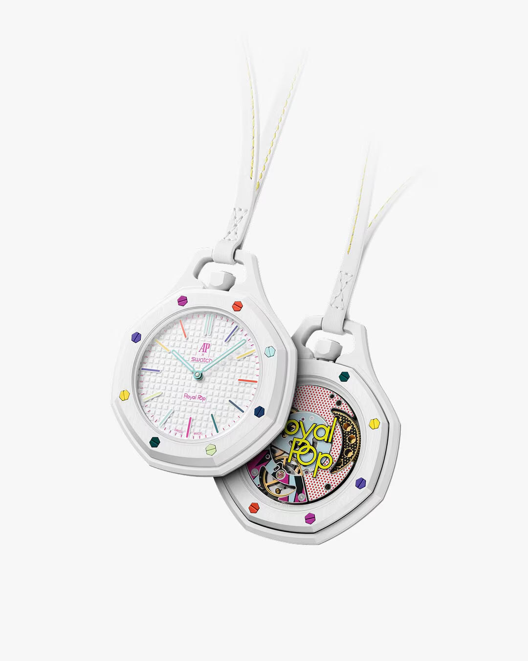 Montre de poche AP x Swatch Royal Pop HUIT BLANC, cadran blanc à effet tapisserie et vis multicolores