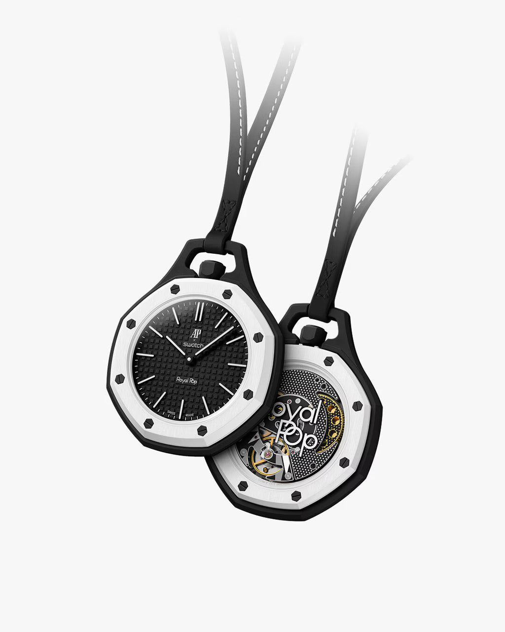 Montre de poche AP x Swatch Royal Pop OCHO NEGRO, cadran noir à effet tapisserie et lunette octogonale blanche