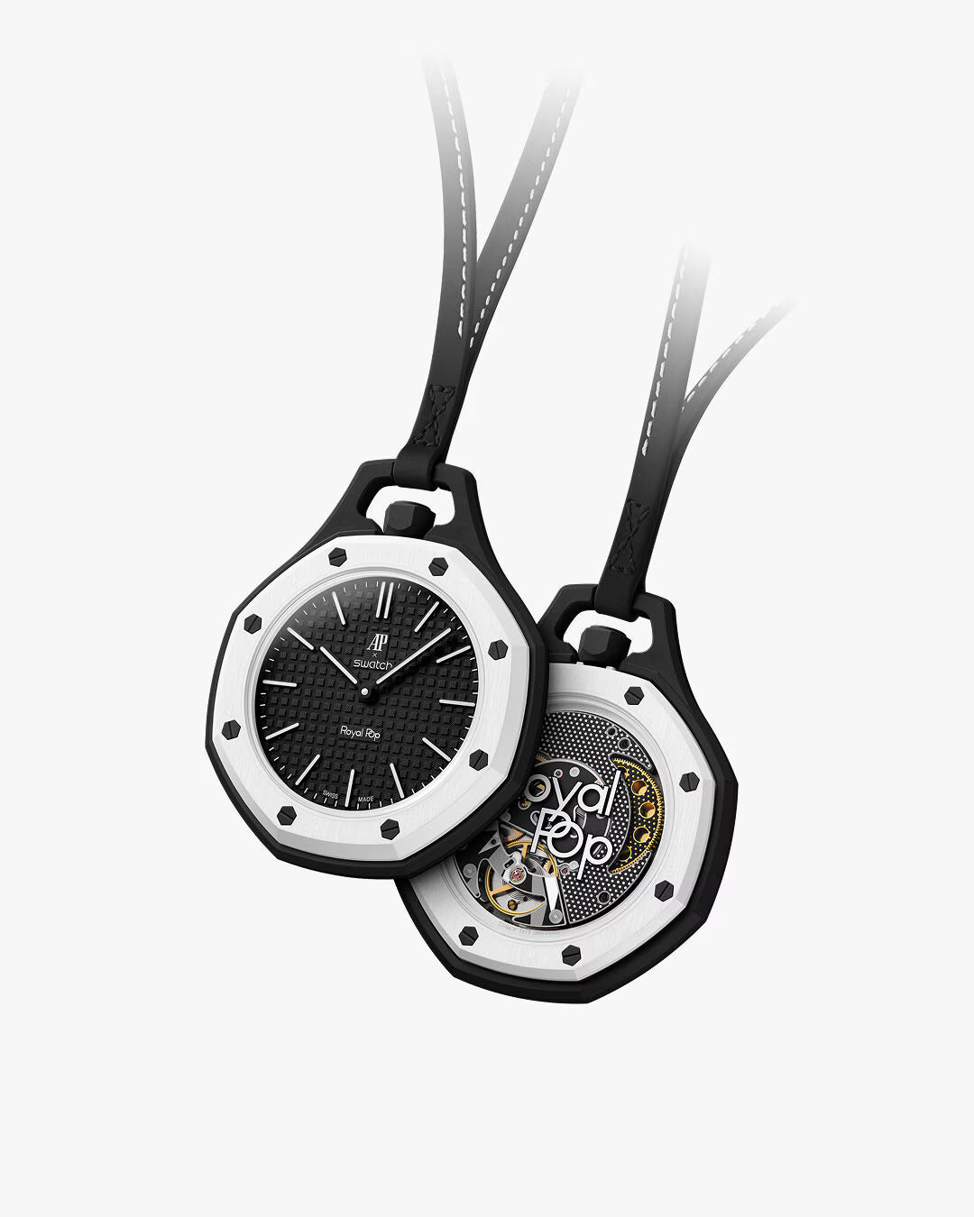 Montre de poche AP x Swatch Royal Pop OCHO NEGRO, cadran noir à effet tapisserie et lunette octogonale blanche