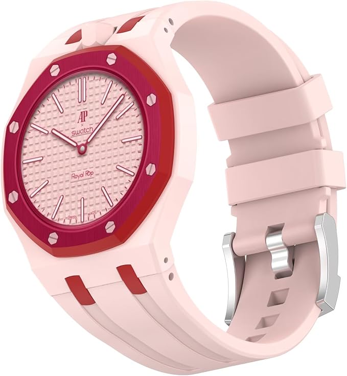 Montre de poche AP x Swatch Royal Pop OTTO ROSSO, cadran rose et lunette rouge cerise