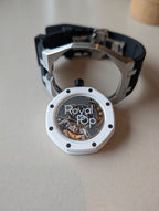 Montre de poche AP x Swatch Royal Pop OCHO NEGRO, cadran noir à effet tapisserie et lunette octogonale blanche