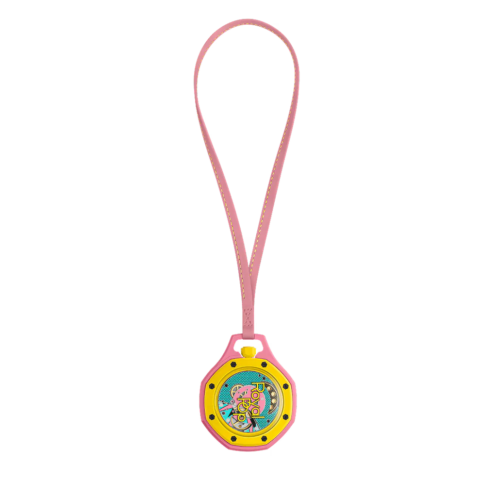 Montre de poche AP x Swatch Royal Pop OTG ROZ, cadran bleu-vert, petite seconde rose et lunette jaune
