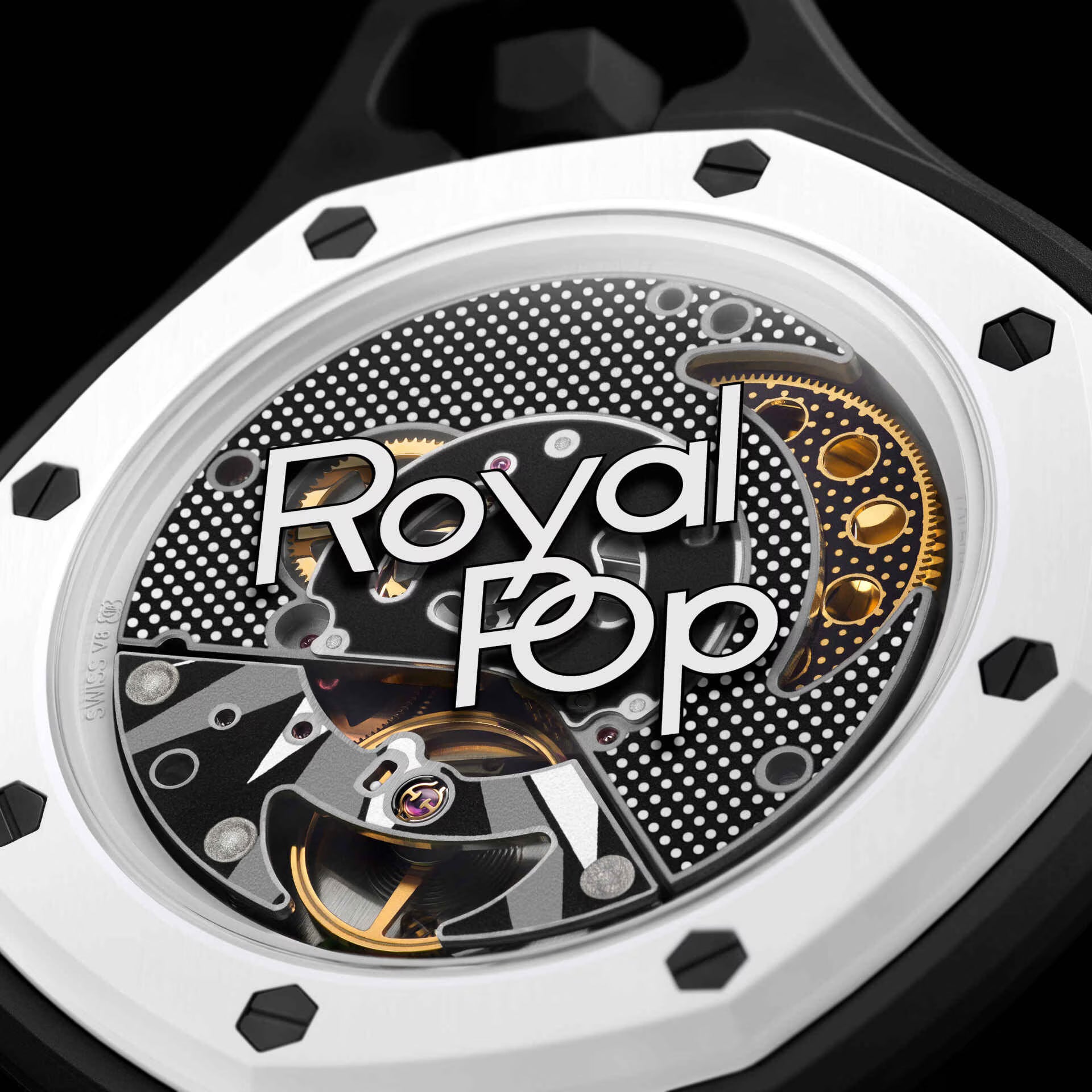 Montre de poche AP x Swatch Royal Pop OCHO NEGRO, cadran noir à effet tapisserie et lunette octogonale blanche