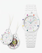 Montre de poche AP x Swatch Royal Pop HUIT BLANC, cadran blanc à effet tapisserie et vis multicolores