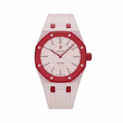 Montre de poche AP x Swatch Royal Pop OTTO ROSSO, cadran rose et lunette rouge cerise