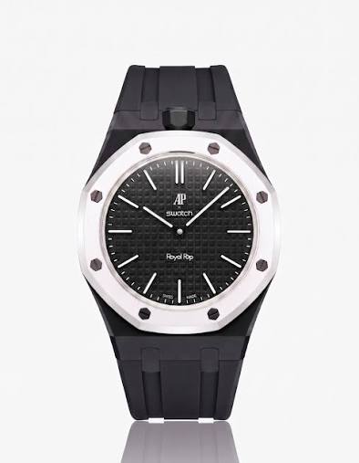 Montre de poche AP x Swatch Royal Pop OCHO NEGRO, cadran noir à effet tapisserie et lunette octogonale blanche
