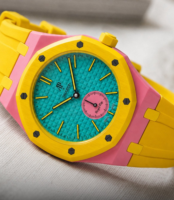 Montre de poche AP x Swatch Royal Pop OTG ROZ, cadran bleu-vert, petite seconde rose et lunette jaune